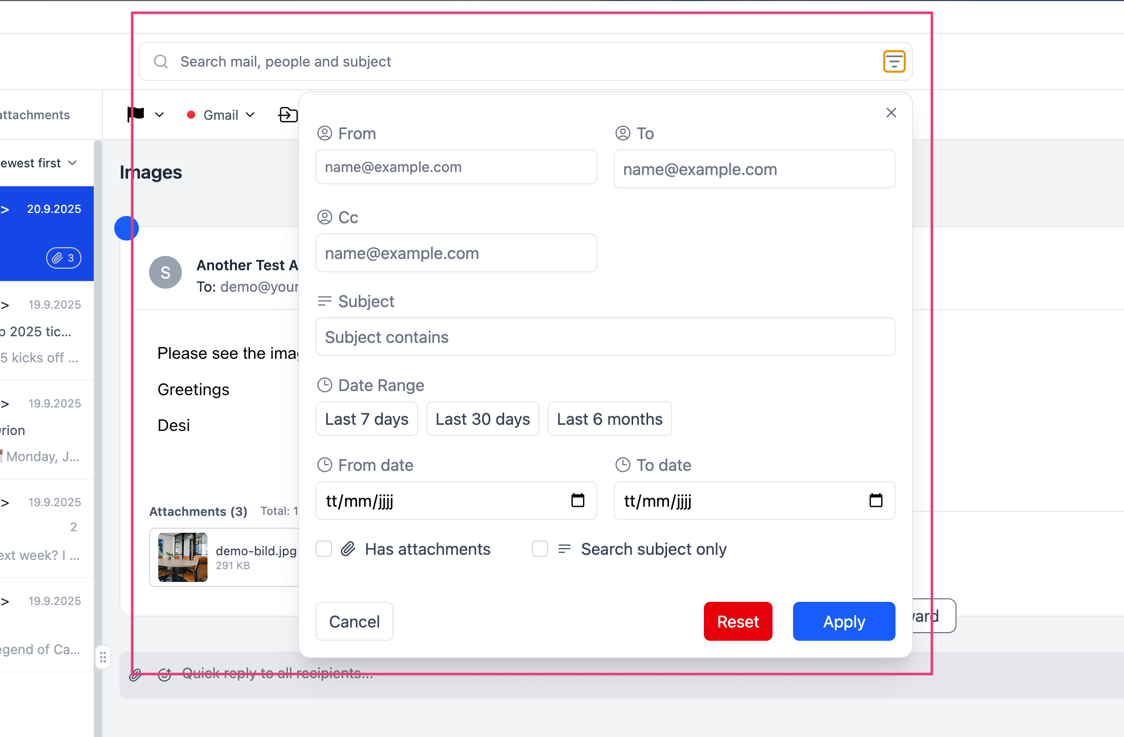 search and filter functionality in email client