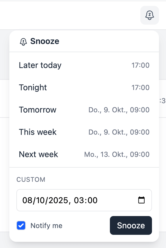 Snooze functionality of a email client