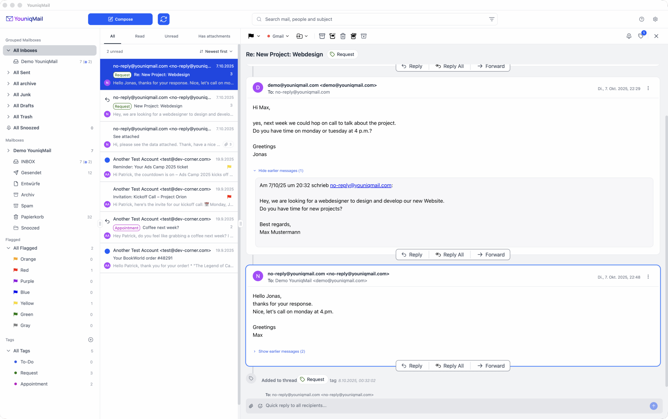 YouniqMail email client screenshot status of october 8, 2025